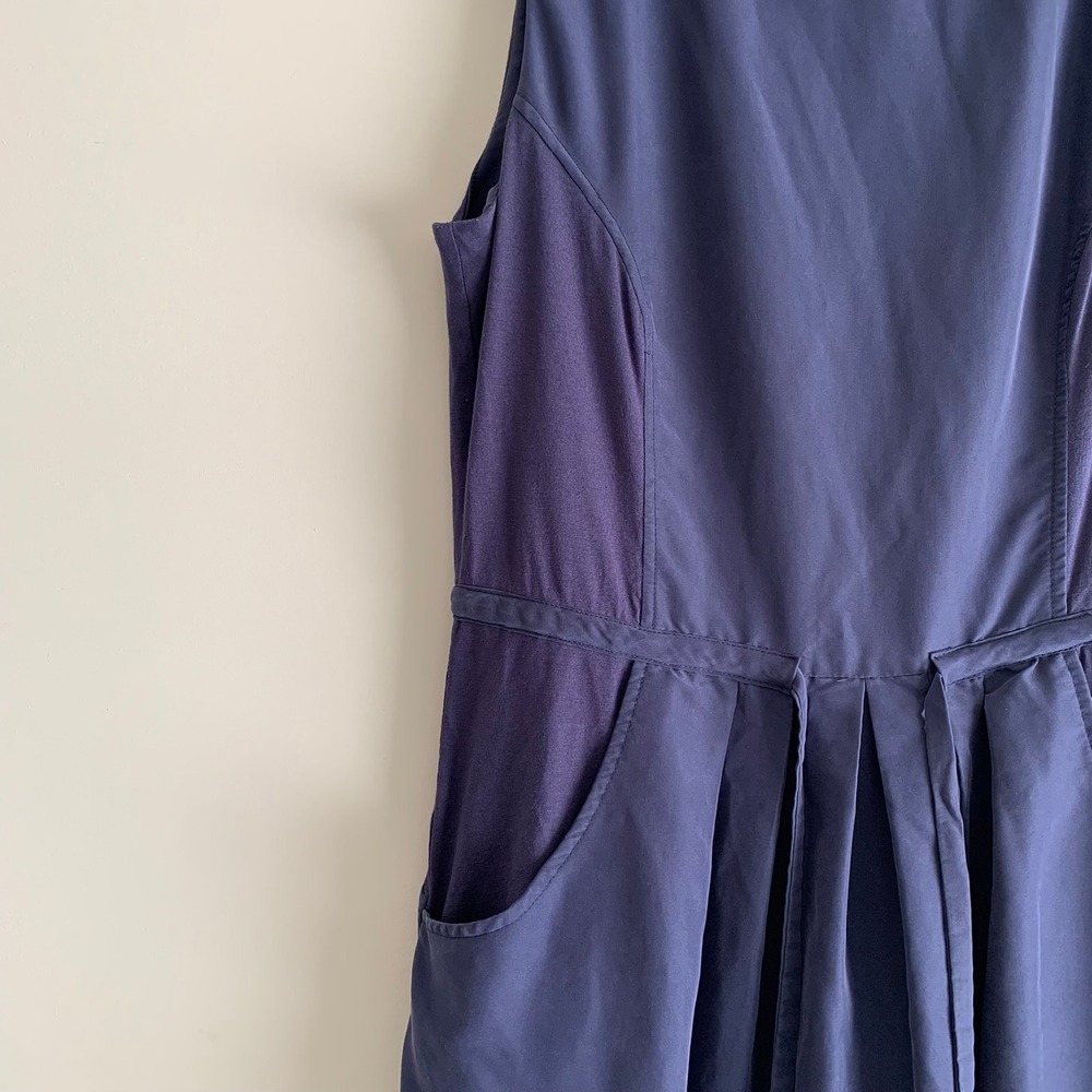 Ronen Chen Navy Blue Sleeveless Pleated Midi Dress‎ with Pockets 4 - Picture 4 of 6